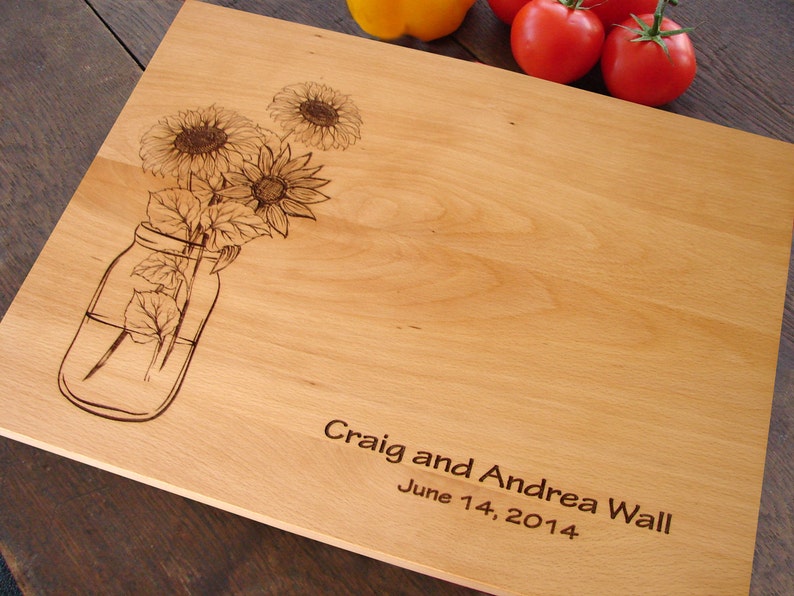 Sunflowers Mason Jar Custom Cutting Board Wedding Bridal image 0