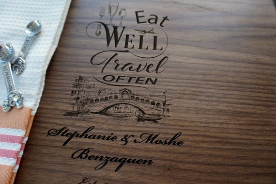 Custom Cutting Board Globe Trotting Hostess Gift Eat Well Travel Often Personalized Housewarming Present French Chopping Board wedding gift