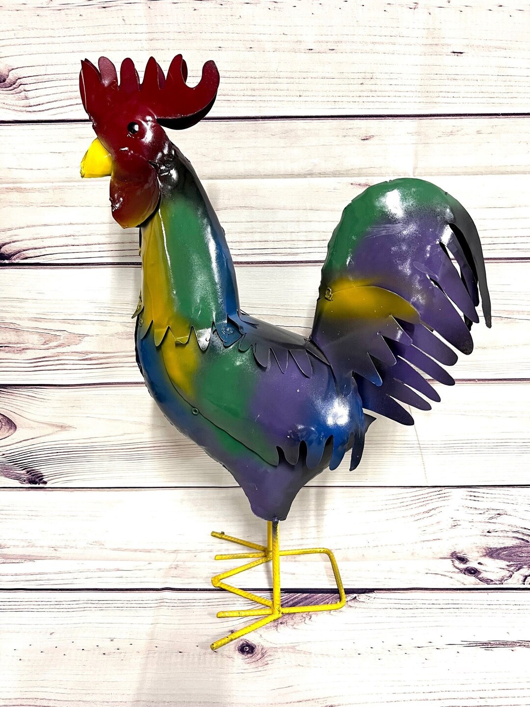 Multicolored Metal Rooster Clucker Farm Animal Yard Art Etsy