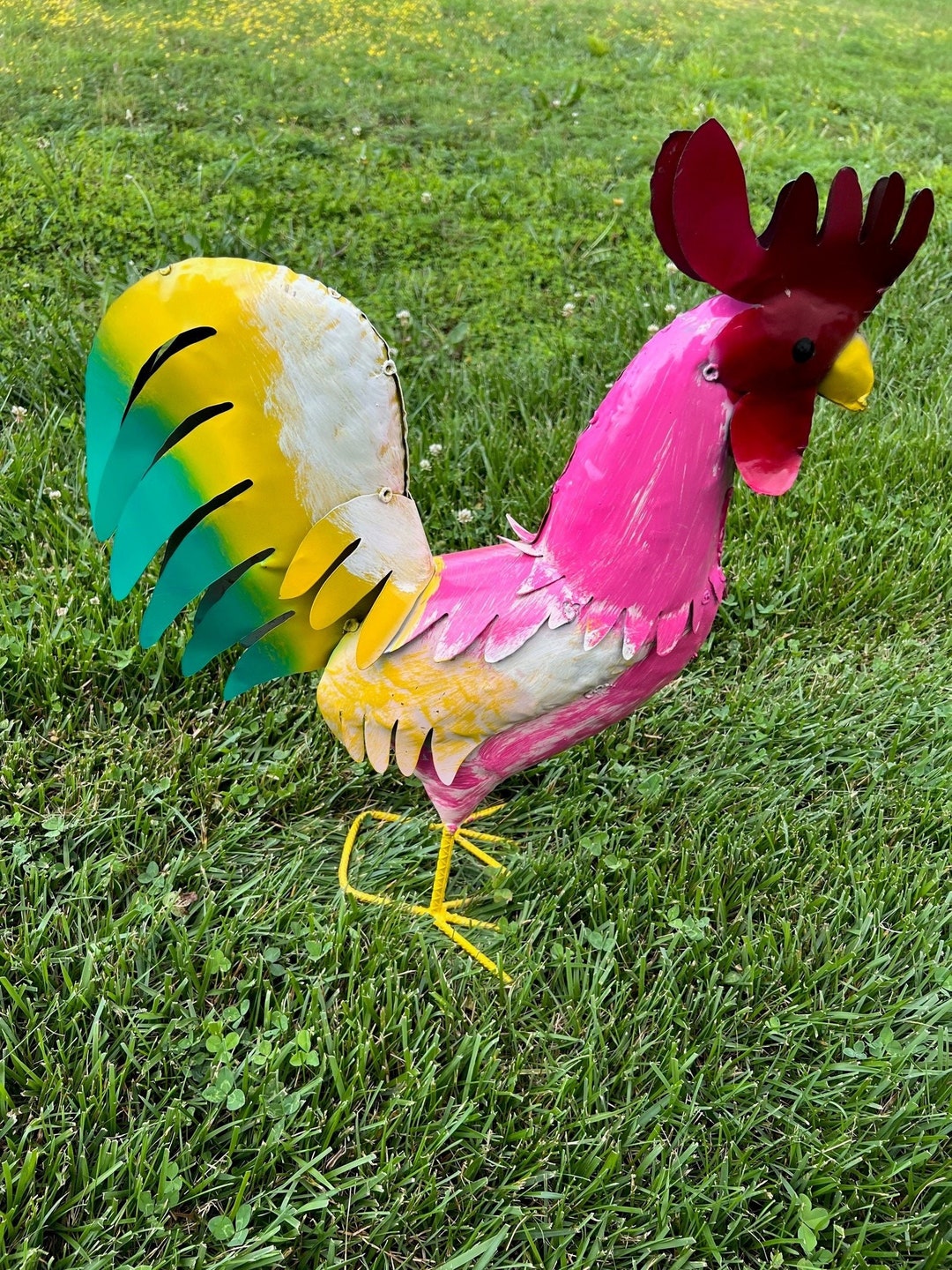 Multicolored Metal Rooster Clucker Farm Animal Yard Art Etsy