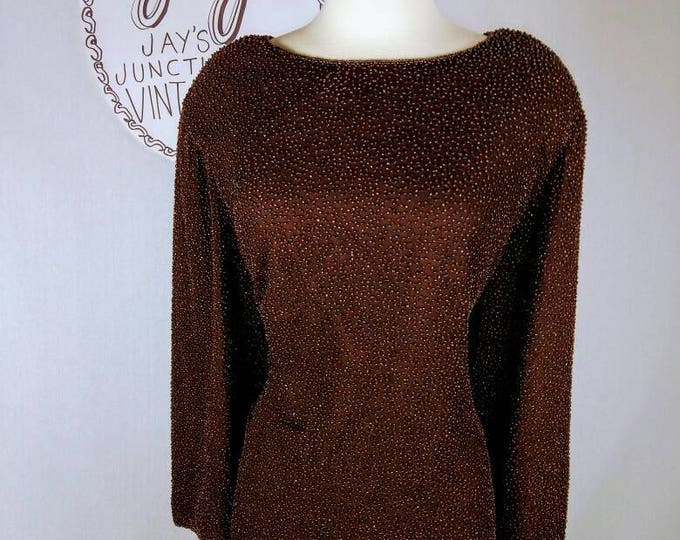 2x Retro Brown Beaded Tunic Top w Shoulder Pads