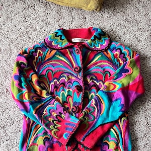 Michael Simon ビンテージ カーディガン 立体刺繍 花 カットワーク 1990s Michael Simon 花柄パッチワーク ニットカーディガン マイケル