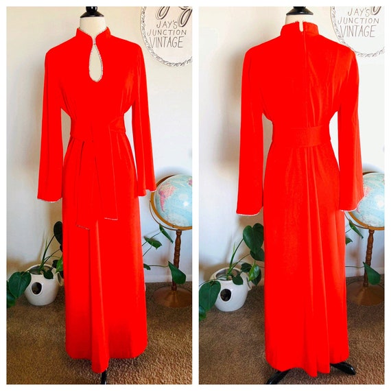 VTG 1970s Red Disco Chic Rhinestone Maxi Dress w/