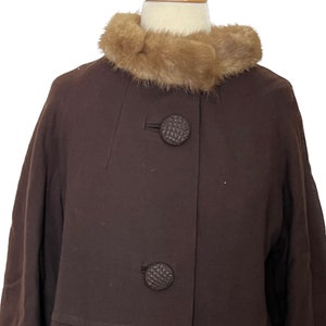 Vintage 1960s Brown 3/4 Sleeve Swing Coat with Mink and Knit Buttons - Large