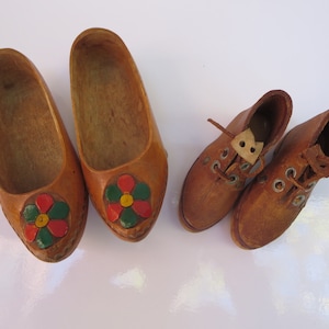 MINIATURE DOLLHOUSE SHOES~ Vintage Wooden carved Clogs~ Leather Bootie~ Doll Accessory~ Home living Decor~ Display~ Sample~ Gift