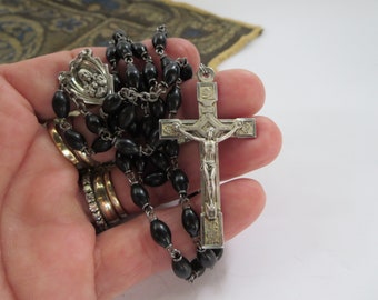 ROSARY BEADS NECKLACE~ Spirituality Religion~ Black beads~ Prayer beads~ Sterling~ Medal~ Catholique~ Rosary necklace~ Jewelry~ Gift