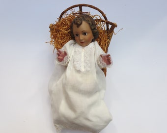 CHRISTMAS NATIVITY~ Antique baby Jesus~ Church manger~ Religious Art~ Nativity Crib~ Plaster Infant Child~ Crib~ Christmas decor ornament