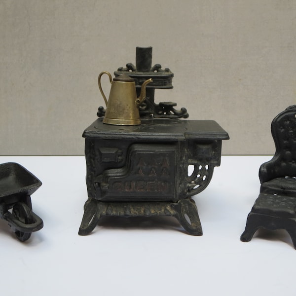 MINIATURE IRON FURNITURE~ Miniature Queen cooker stove~ Cast Iron Dollhouse furniture~ Wheelbarrow~ Chair~ Vintage collectible toys