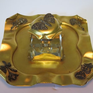 INKWELL WITH TRAY~ Art deco~ Desk accessory~ Office~ Inkwell Tray~ Butterfly~ Flowers~  Vintage collectible~ Home living decor