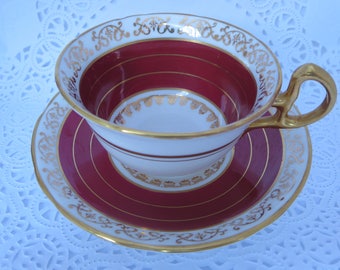 TEACUP AND SAUCER~ Fine Porcelain~ Royal Statfford England~ Vintage Collectible teacup~ Bone China~ Burgundy~ Tea and Coffee service~ Gift