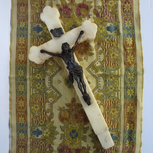 LARGE CRUCIFIX~ Marble Cross~ Religious outlet object~ Jesus Christ~ Corpus Christi~ Church antique~ Heavy Budded cross~ Religious home decor