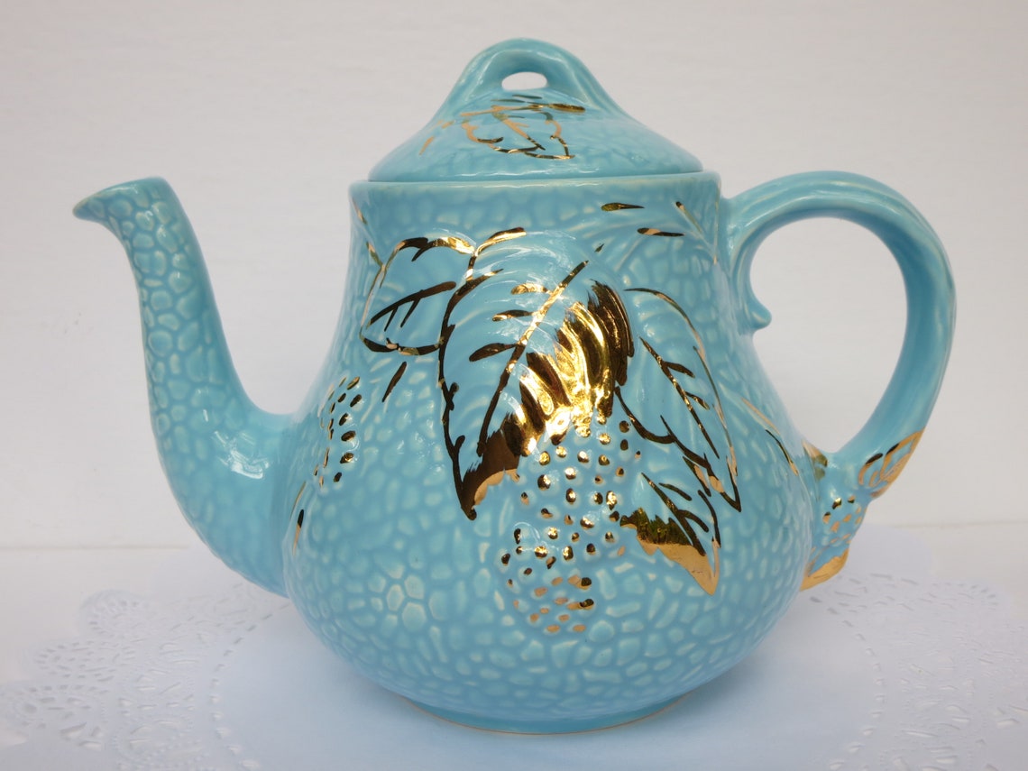 VINTAGE TEAPOT SET Wade England Gold and Blue Vintage Etsy