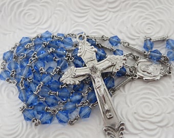 STERLING ROSARY NECKLACE~ Prayer beads rosary~ Sterling & Crystal~ Religion Spirituality~ Blue Crystal beads~ Catholic chaplet~ Wedding Gift