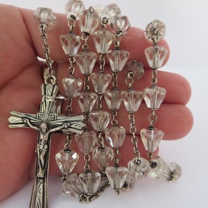 ROSARY NECKLACE~ Catholic religion~ Crystal & Sterling~ Prayer beads Charm~ Spirituality~ First communion~ Wedding gift