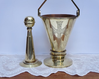 HOLY WATER BUCKET~ Antique french religious~ Stoup~ Blessing~ Liturgical~ Catholique Mass~ Ritual~ Christian Church~ Sprinkler Aspergillum