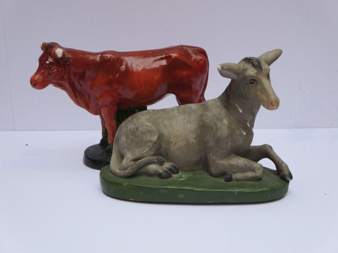 CHRISTMAS NATIVITY CRIB Manger Beef Donkey Plaster Animals Religious Statue Church Crib