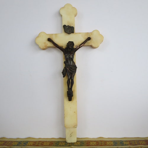 LARGE CRUCIFIX~ Marble Cross~ Religious outlet object~ Jesus Christ~ Corpus Christi~ Church antique~ Heavy Budded cross~ Religious home decor