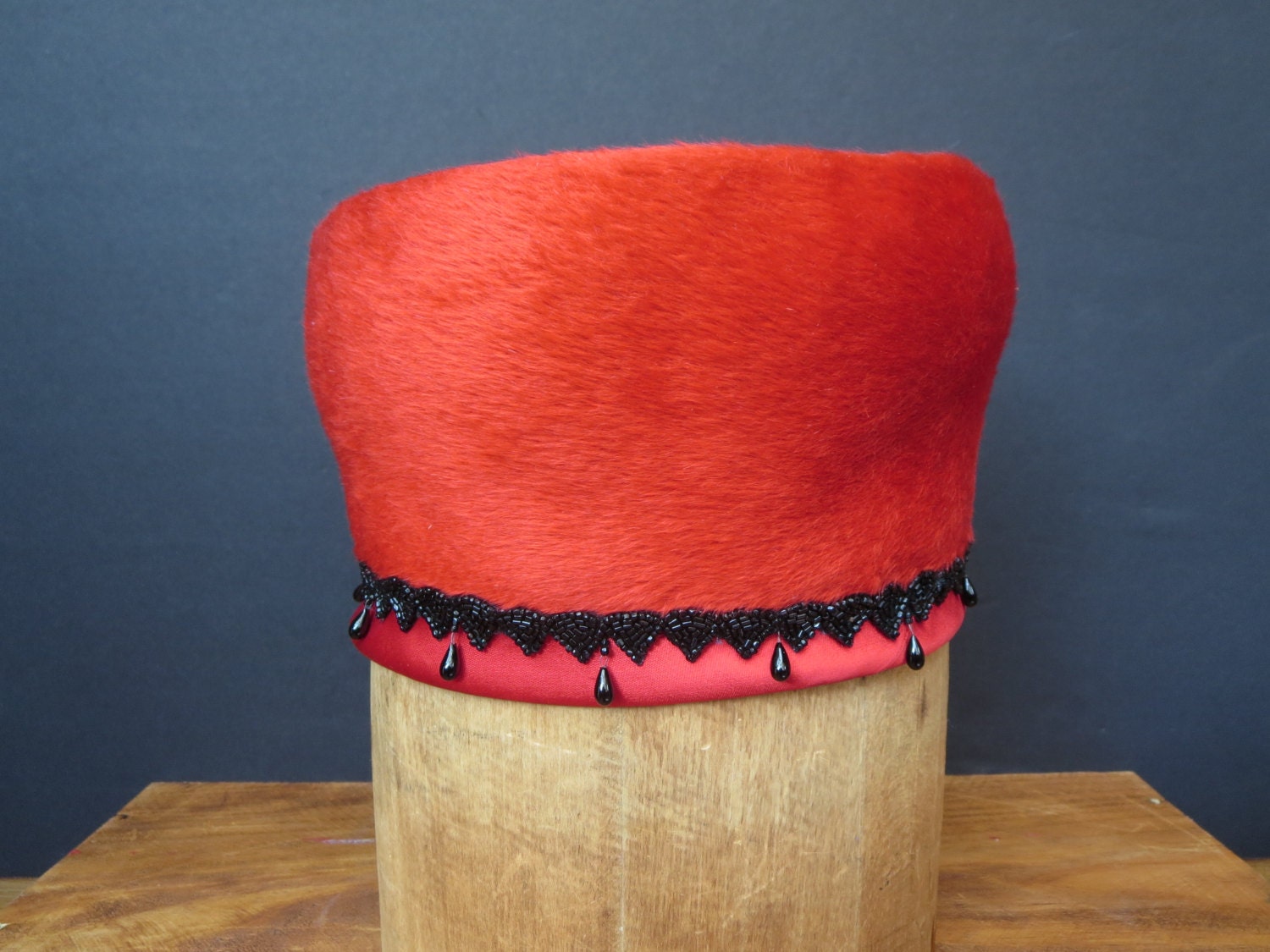 Vintage Yvette Brillon Couture Fur Hat brown beige bead embellished satin 21\