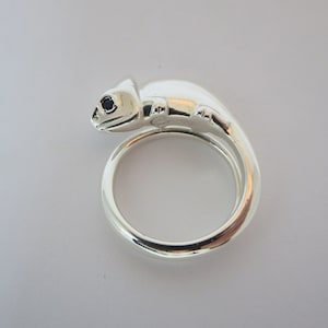 May include: A silver ring shaped like a chameleon with a black gemstone eye.