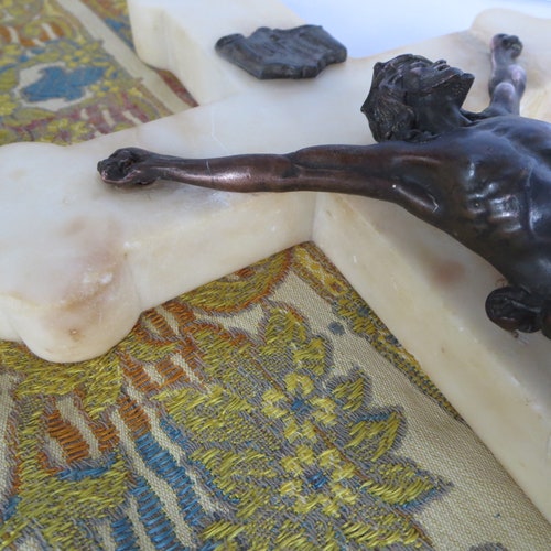 LARGE CRUCIFIX~ Marble Cross~ Religious outlet object~ Jesus Christ~ Corpus Christi~ Church antique~ Heavy Budded cross~ Religious home decor