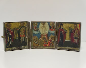 RELIGIOUS ICON~ Triptych~ Orthodox Religious~ Art Icon~ Antique travel Pocket triptych~ Miniature Wood table frame~ Home living decor