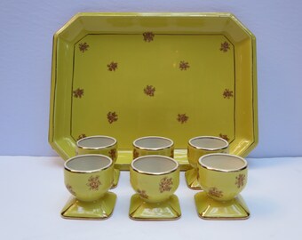 EGG CUPS SET~ French Saint-Uze ceramics~ Yellow Egg cups server tray~ Vintage Egg cup set~ Serving Dining~ Table service~ Home and living