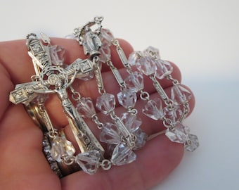 PRAYER ROSARY NECKLACE~ Silver Sterling~ Crystal Prayer beads~ Religious jewelry~ Religion spirituality~ Cross pendant~ Collection~ Gift