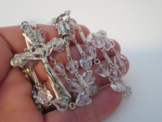 CHAPELET PRIÈRE CATHOLIQUE~ Argent et billes cristal de roche~ Crucifix~ Bijoux religieux~ Spiritualité Religion~ Cadeau religieux
