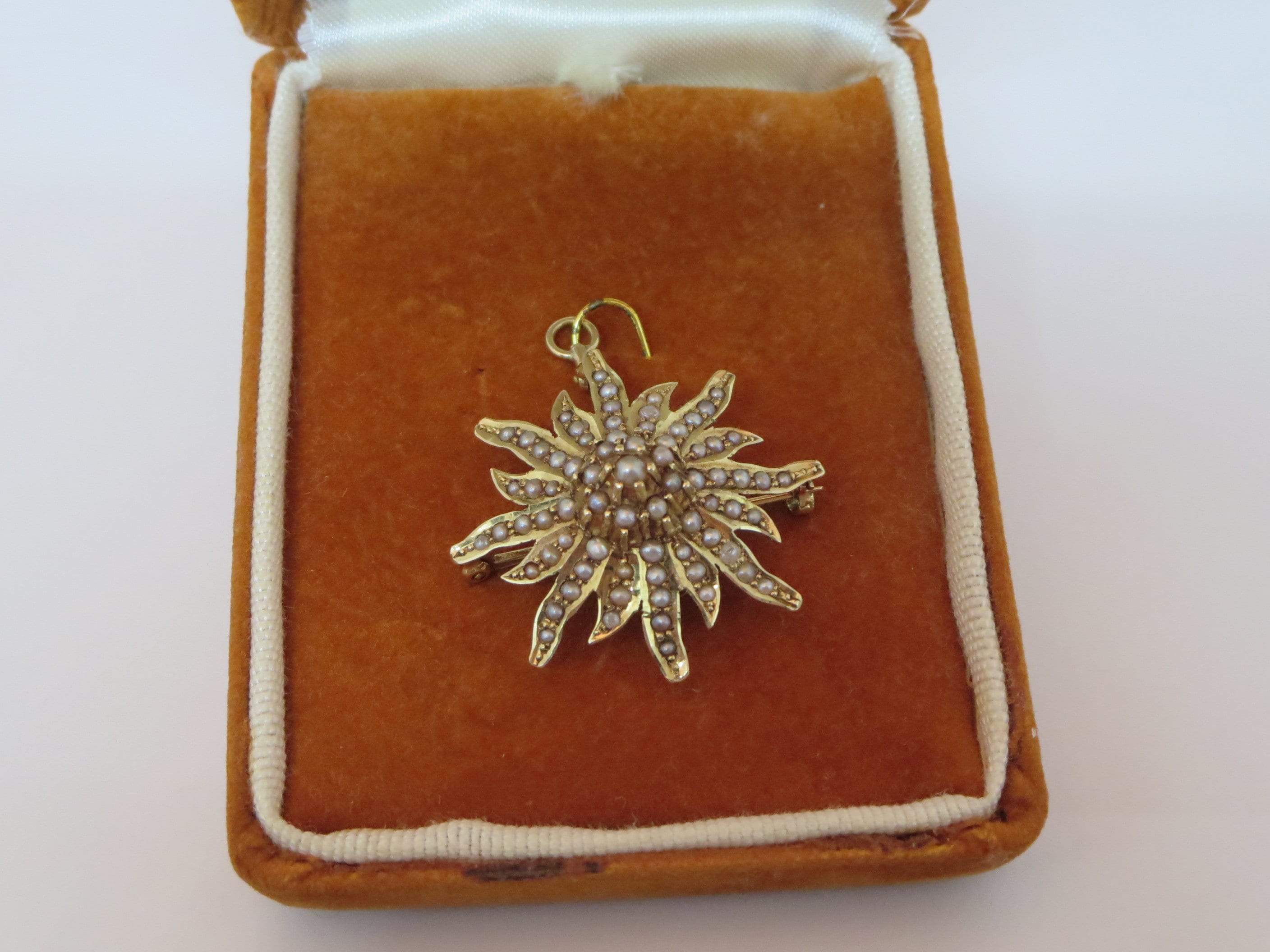 Antique 14K Gold Citrine and Pearl Sunburst Pin, Brooch