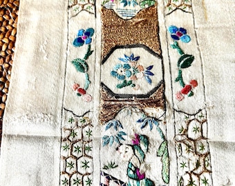 Antique Chinese Hand Embroidered Silk Panel-Figural Narrative Textile, Late Qing Dynasty