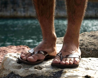 Mens Leather Flip Flops, Dark Brown Mens Sandals