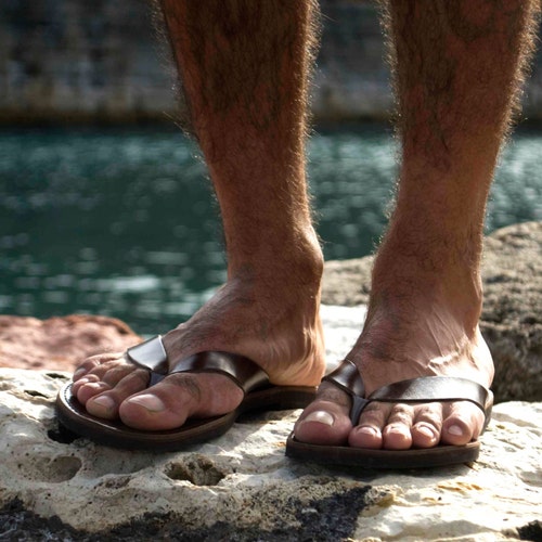 Mens Leather Flip Flops Dark Brown Mens 