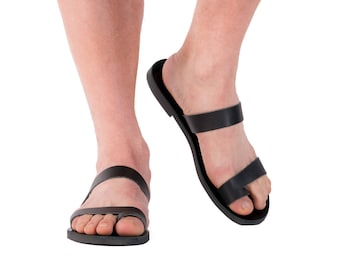 Black Leather Mens Sandals, Summer Flats, Gift For Him