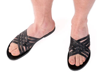 Black sandals for men, huaraches slides made in Greece.