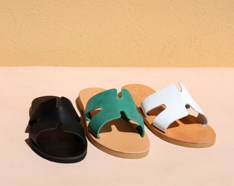 Leather women slides, boho Greek sandals