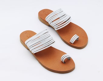 White toe ring sandals, boho leather summer sandals.