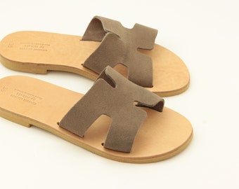 Leather sandal, women slide with suede leather