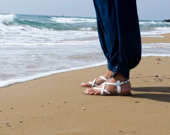 Sandales de plage en cuir, sandales de mariage grecques blanches, sandales de mariée