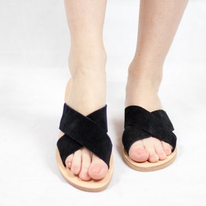 Black suede slides, women greek sandals, leather slides, handmade sandals, gift for her