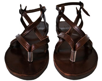 Dark Chocolate Brown Double Leather Sandals, Strappy women sandals