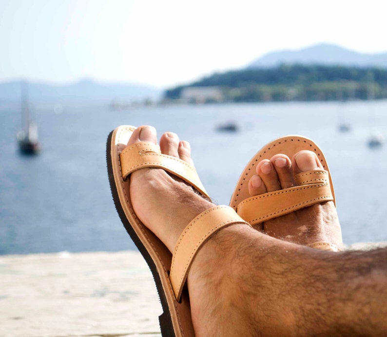 Greek Mens Leather Sandals in Natural Brown Color image 3