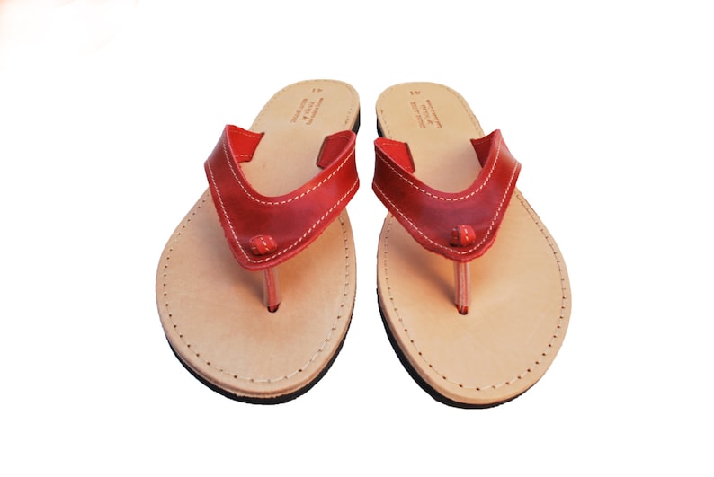 Red flip flop, women's leather sandals, summer shoes image 1