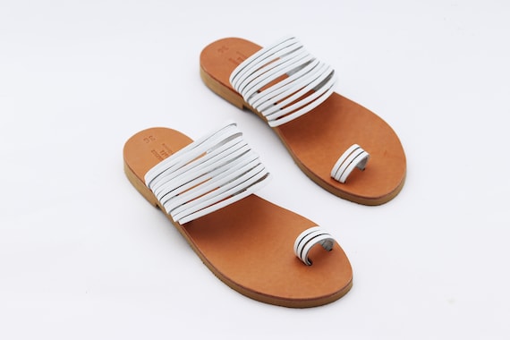 White toe ring sandals, boho leather summer sandals.