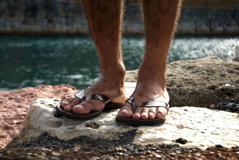 Mens Leather Flip Flops, Dark Brown Mens Sandals image 1