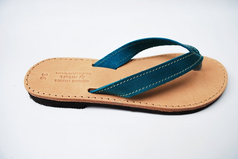 Leather Flip Flops in Blue image 4