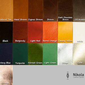 Puede incluir: Una carta de colores que muestra varios tonos de cuero, incluyendo Natural Tan, Hazel Brown, Cognac Brown y Negro. Otros colores incluyen Borgo&ntilde;a, Rojo claro, Naranja quemado y Amarillo canario. La carta tambi&eacute;n presenta Azul marino, Turquesa y Plata. La marca "Nikola Leather goods" es visible.