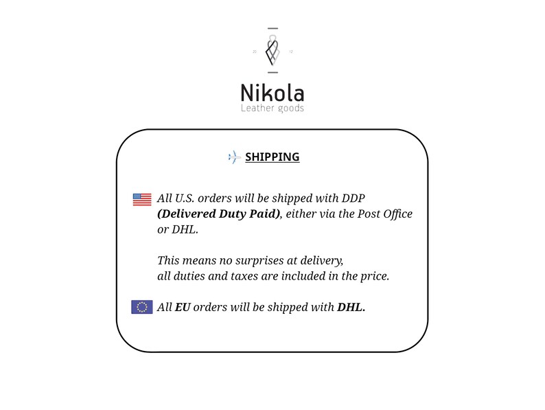 May include: White background with the text "Nikola Leather goods" and a stylized logo. The text "SHIPPING" is displayed, followed by information about U.S. and EU order delivery, including "DDP" and "DHL".