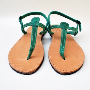 T Strap Green Leather Sandals Barefoot Beach Sandals - Etsy