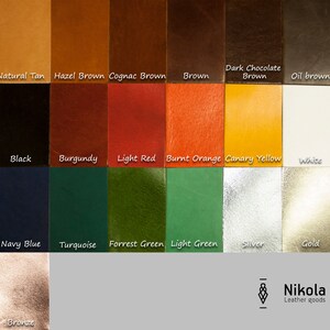 May include: A color chart of leather swatches in various shades. Colors include natural tan, hazel brown, cognac brown, brown, dark chocolate brown, oil brown, black, burgundy, light red, burnt orange, canary yellow, white, navy blue, turquoise, forrest green, light green, silver, gold, and bronze.
