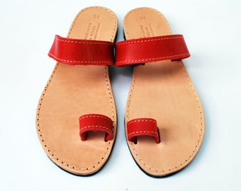 Light red toe ring sandals, handmade women leather sandals, handmade wholesale